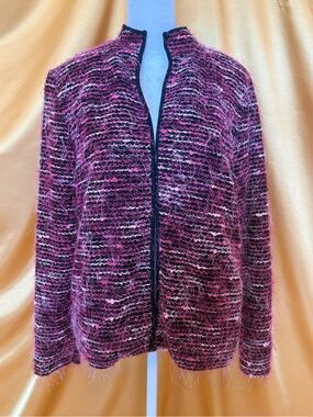 Easy Spirit Pink and Black Bouclé Open-Front Cardigan